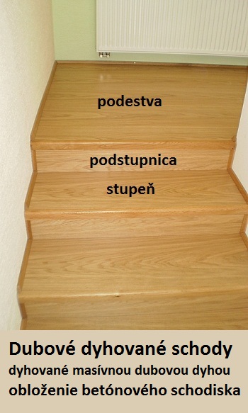 podestva, podstupnica, stupeò, dubové dyhované schody, dyhované masívnou dubovou dyhou, obloženie betónového schodiska